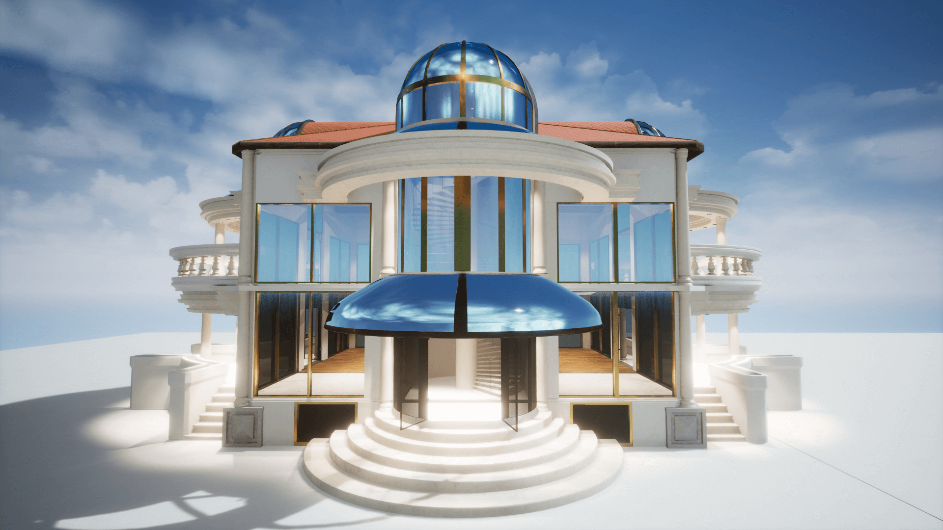 An image showing Glass House asset pack, created with Unreal Engine.