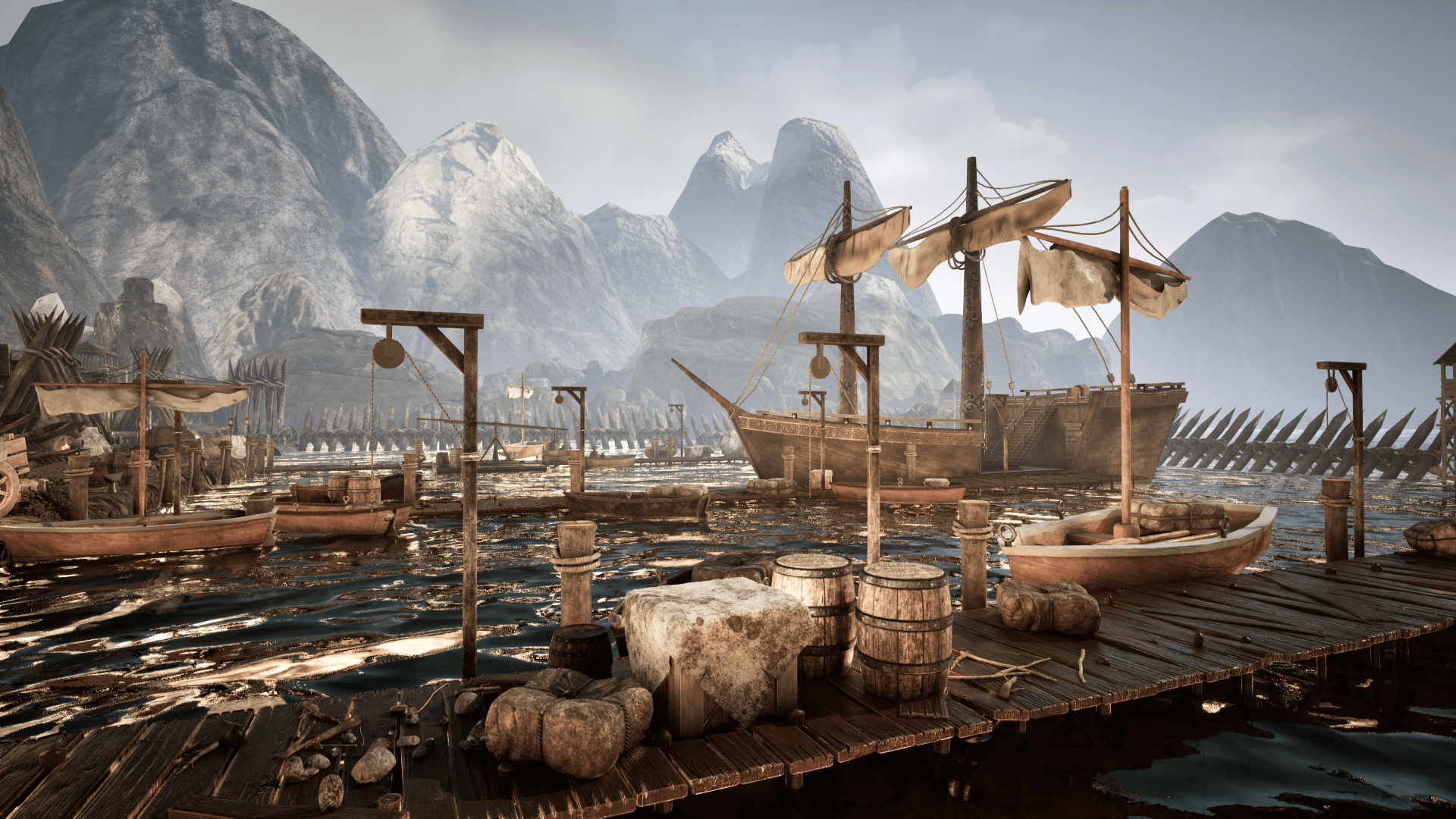 An image showing the Medieval Harbour asset pack, created with Unreal Engine